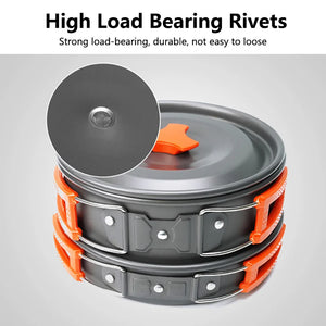 Orange pot and pan stacked with riveted folding handles
