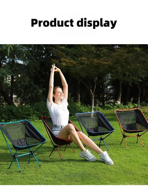 Woman stretching in a mesh moon chair