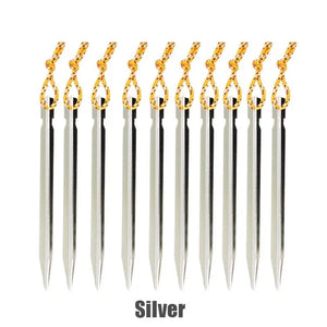 Ten silver Y-beam tent stakes with pull cords