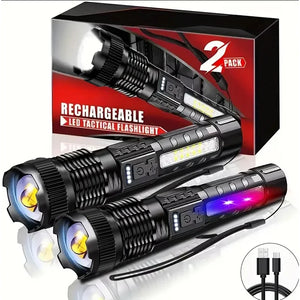 Two black zoom flashlights with side lights, USB-C cord and a 2 pack box