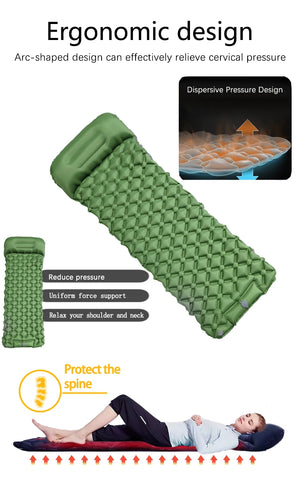 Green pad with pillow; person lying on a pad