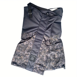 Gray digital camo and black gaiters folded flat