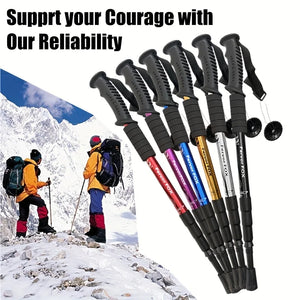 Six RidgeWalk trekking poles in red, purple, blue, gold, silver and black beside two hikers on a snowy peak