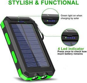 TrailCell battery lights: green light when sun charging, four blue lights show charge left