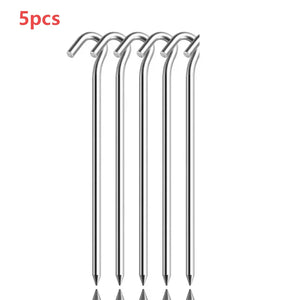 Five silver round hook tent stakes