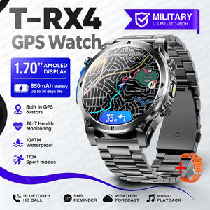 Dark gray watch with black steel link band and spare orange strap, turn-by-turn street map face