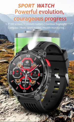 Black smartwatch on black band with LED flashlight lit and red digital dial on rocky mountain trail