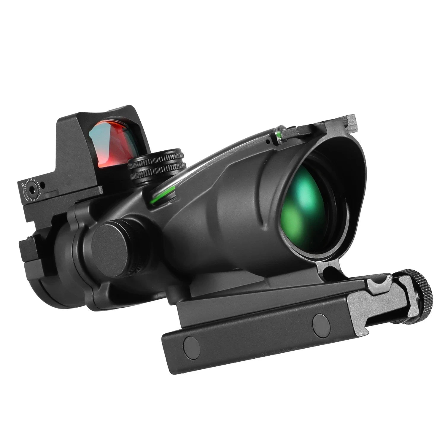 TwinAim 4x32 scope in black with green fiber strip and small red dot on top