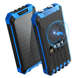 Blue solar power bank, solar panel side and back with wireless pad and four fold-in cables