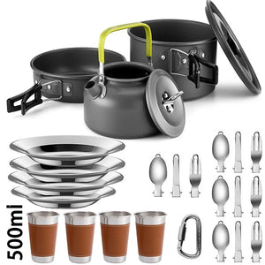 Black-handle 4-person set with 500 ml cups, plates and folding utensils