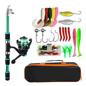 Green telescopic fishing rod kit with spinning reel, lures, hooks, tackle box and carry bag