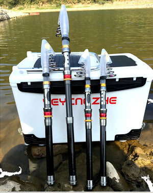 Collapsed telescopic rods standing on a cooler by the water