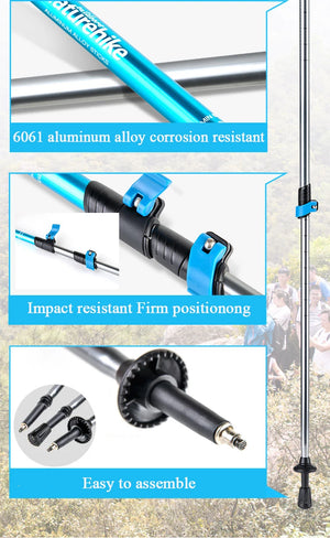 Close-ups of the 6061 aluminum shaft, blue flip locks and screw-on tip with mud basket