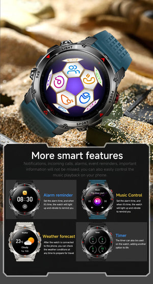 Blue-band smartwatch on sand showing an app menu, plus alarm, music, weather and timer screens
