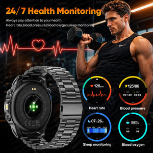 Back of the watch on a black steel link band next to a man lifting a dumbbell, fitness screens alongside