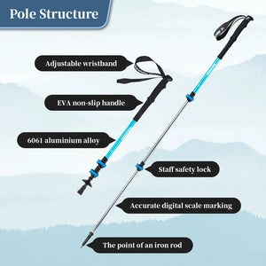 SummitStep trekking pole parts: wrist strap, EVA grip, 6061 aluminum shaft, flip lock, scale marks, iron tip