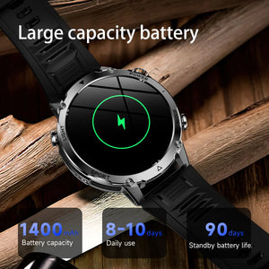 Black-strap watch on wooden logs showing a charging icon, with battery capacity and day figures