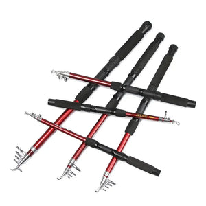 Three red telescopic fishing rods, crossed, with foam grips