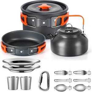 Orange 2-person set with 250 ml cups, plates and folding utensils