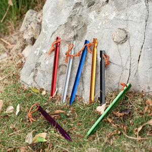 Colored Y-beam tent stakes leaning on a rock in the grass