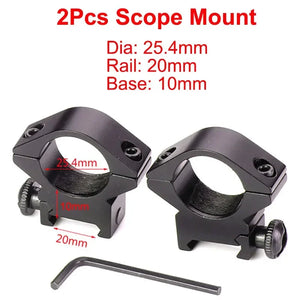 SteadyRing size chart: 1 inch (25.4mm) tube, 20mm Picatinny rail, 10mm base