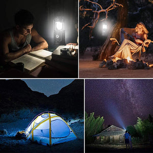Four scenes: lantern on a desk, hanging by a campfire, lighting a tent, and a flashlight beam