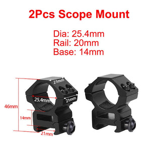 SteadyRing size chart: 1 inch (25.4mm) tube, 20mm Picatinny rail, 14mm base, 46mm tall