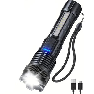 One black zoom flashlight with wrist strap and USB-C cord