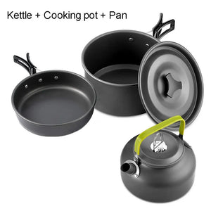 Black-handle pot with lid, fry pan and kettle