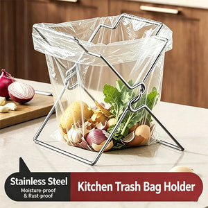 Steel bag holder with veggie scraps next to onions; banner reads stainless steel kitchen trash bag holder