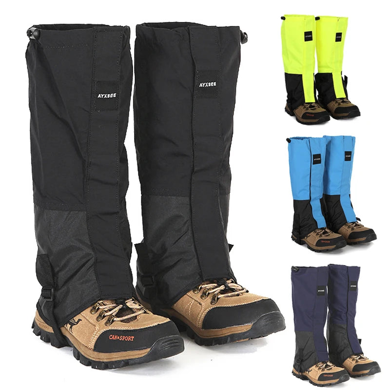 WeatherTrek Lite black gaiters on hiking boots, with neon green, blue and navy colors
