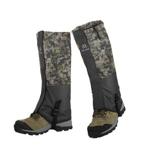 Green digital camo and dark gray DriftPeak gaiters on hiking boots