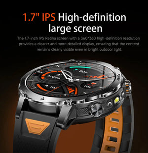 Close-up of black and silver rugged watch with black and orange strap and analog-style digital face