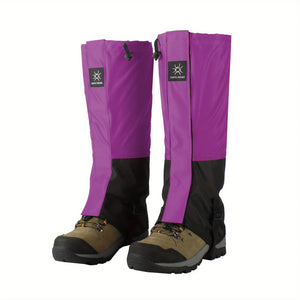 Purple and black DriftPeak leg gaiters on hiking boots