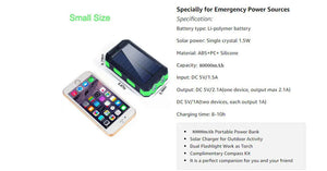 Green TrailCell power bank beside a phone for size, with the maker's spec list