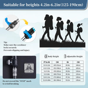 Trekking pole flip lock, STOP MAX mark, and chart matching body height to pole length