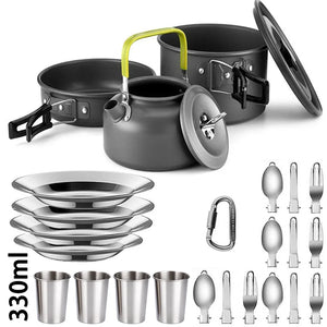 Black-handle 4-person set with 330 ml cups, plates and folding utensils