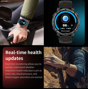 Black smartwatch with teal band on rider's wrist and black band version showing a circular reading