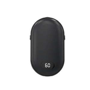 Black rechargeable hand warmer showing 60 on the screen, front view