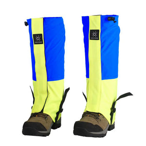 Blue and neon yellow DriftPeak gaiters on hiking boots