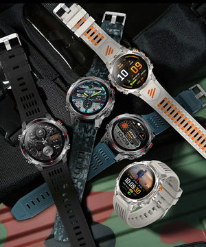 Five smartwatches in black, blue camo, teal, grey and grey-orange bands laid on a backpack