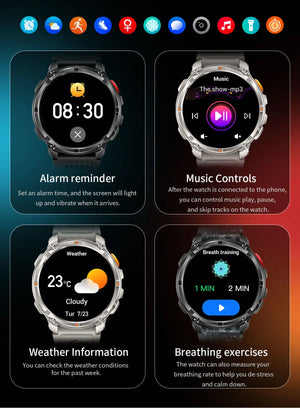 Four smartwatches showing alarm, music player, weather and breathing screens, grey and camo bands