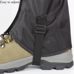 Close-up of the buckle strap running under a hiking boot, labeled Easy to adjust