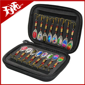16 inline spinner lures in foam slots inside an open zip lure case