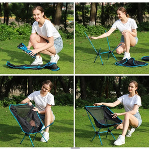 Woman setting up the mesh moon chair in four steps