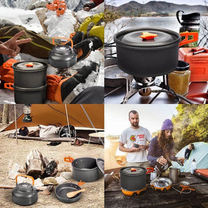 Cook set on camp stoves in the snow, by a lake and at a campsite