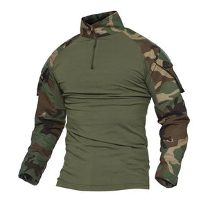 StealthWeave tactical shirt in Woodland Camo, green and brown camo