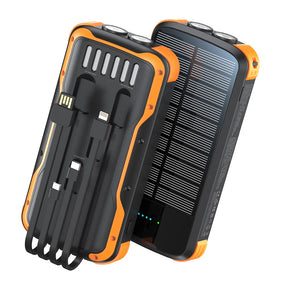 Orange solar charger, back with four fold-in cables and two round lights on top, front solar panel