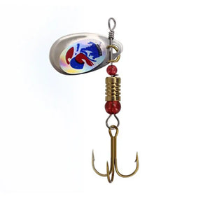 Inline spinner lure with a silver blade, red beads and a treble hook
