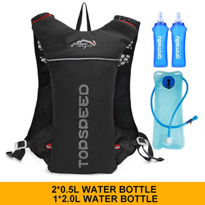 Black hydration vest with two 500 ml soft bottles and a 2L water bladder